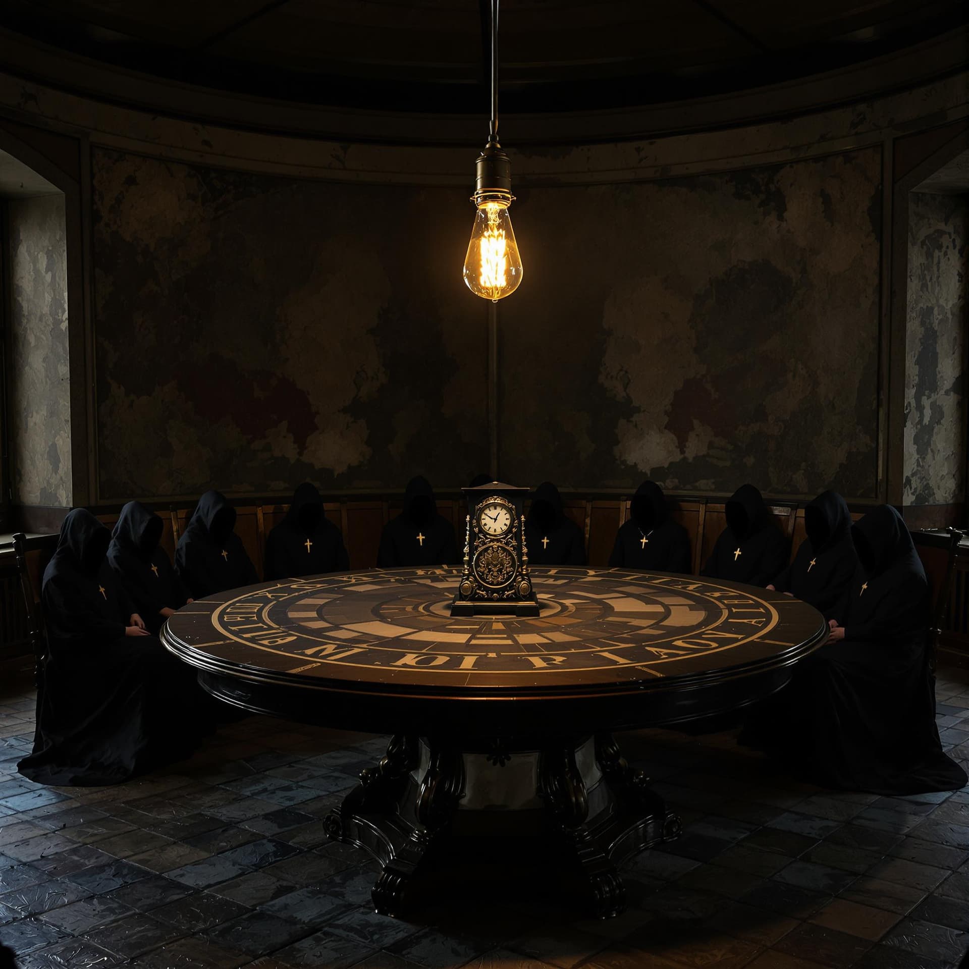 AI generated: A highly realistic photo of an old tungsten filament lamp hangs from the centre of the room by a bla...