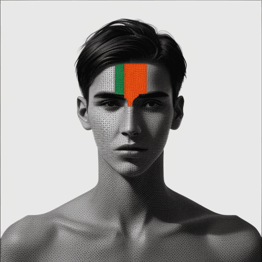 AI generated: illustration, upper body, young male, geometric, bold pixel, his face an array of monochromatic tran...