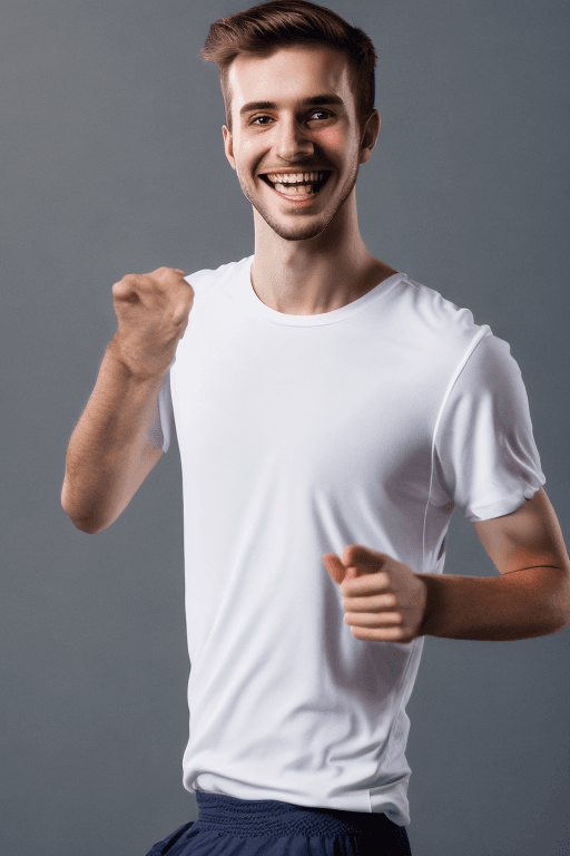 AI generated: men in his 20s. We see the man full body. Detailed. The man dancing. the man sports wear, white back...