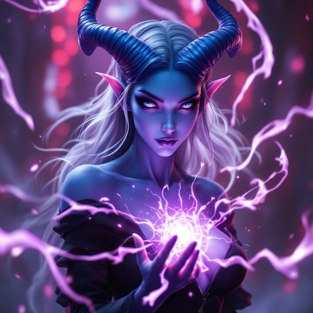 AI generated: Draenei from World of Warcraft, beautiful, light blue skin, blue eyes, moderately short and curved h...