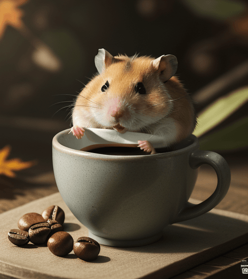 AI generated: a tired and sleepy hamster who is tired and slightly grumpy, is drinking a cup of coffee in an attem...