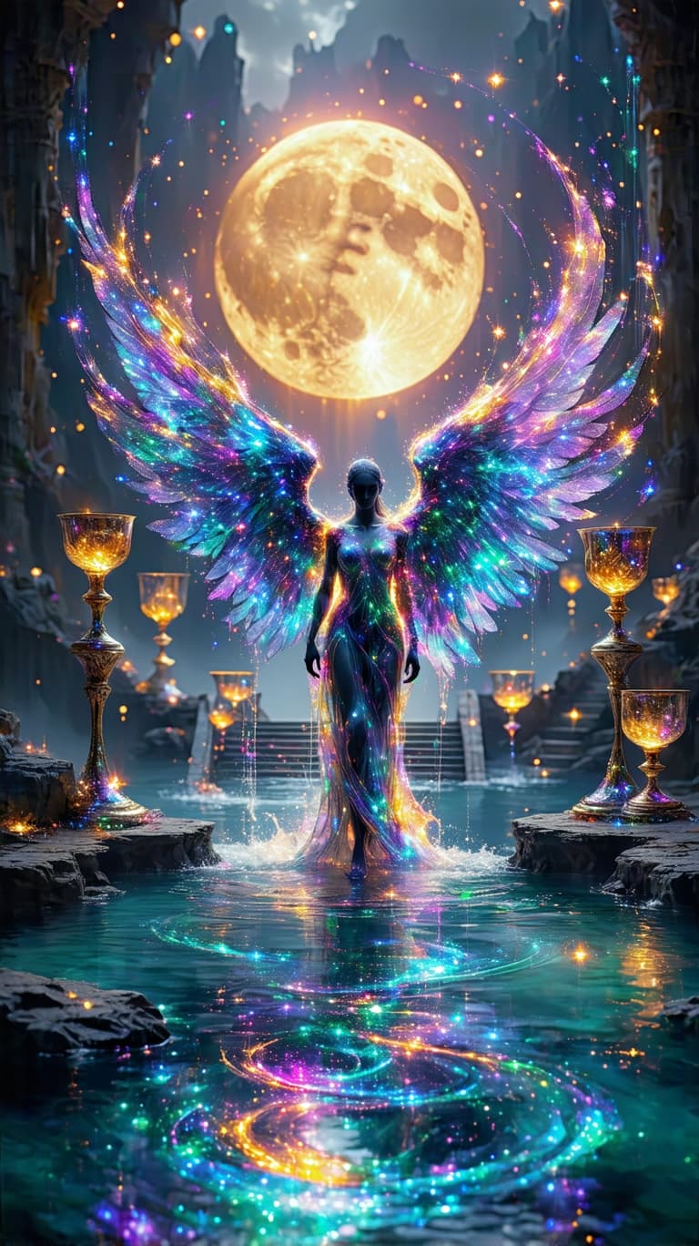 AI generated: A radiant angelic figure stands atop a pool of mirrored liquid light, pouring streams of golden and ...