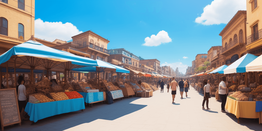 AI generated: busy outdoor street marketplace with blue sky