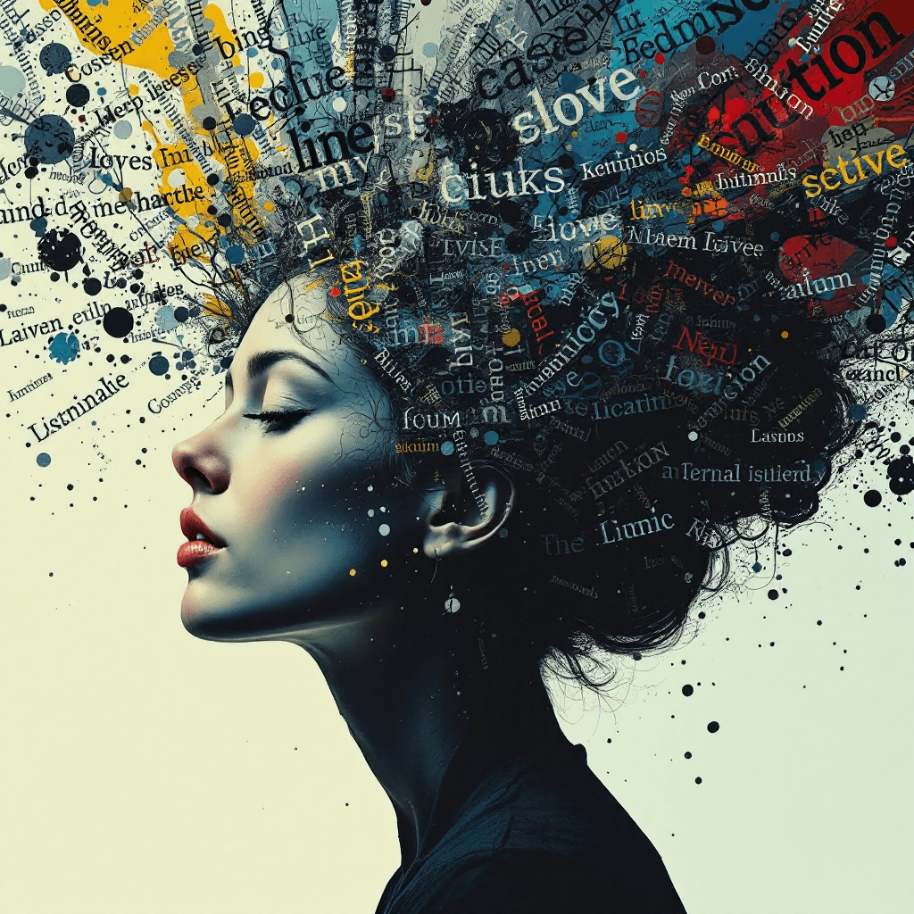 AI generated: Surreal moment where a woman's thoughts are visible as text flowing in and out of her head, abstract...