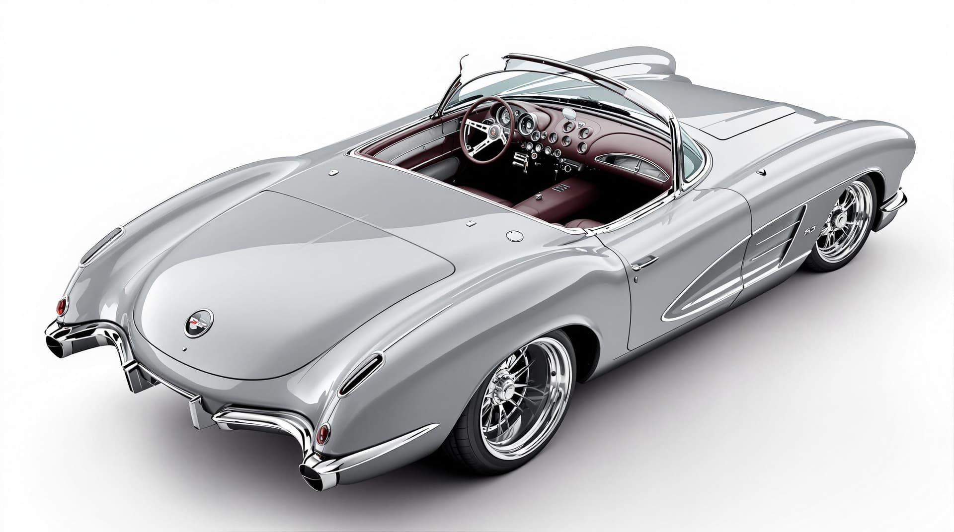 AI generated: Hyper realistic 1958 chevy corvette convertible, top rear side view, gray color, restomod with 20" d...