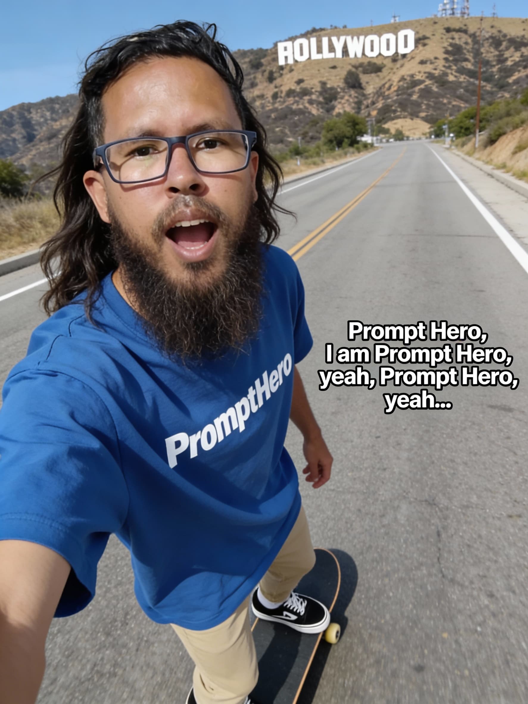 AI generated: realistic selfie shot of a longbearded young thin man wearing a blue oversiced tshirt with the text ...