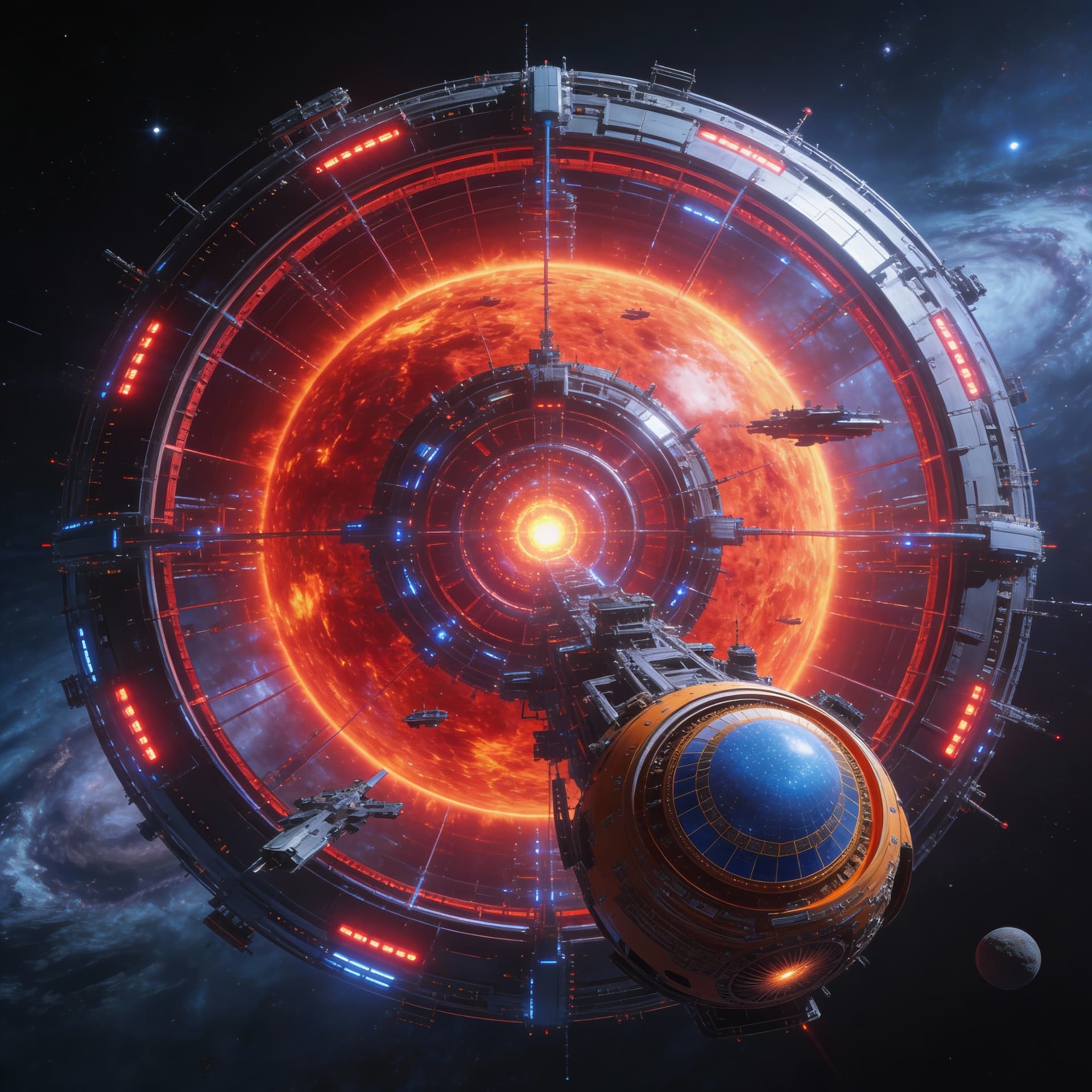 AI generated: Use the Reference Image to imagine, in detail, an alien Starship manufacturing Dyson’s Sphere.  Alte...