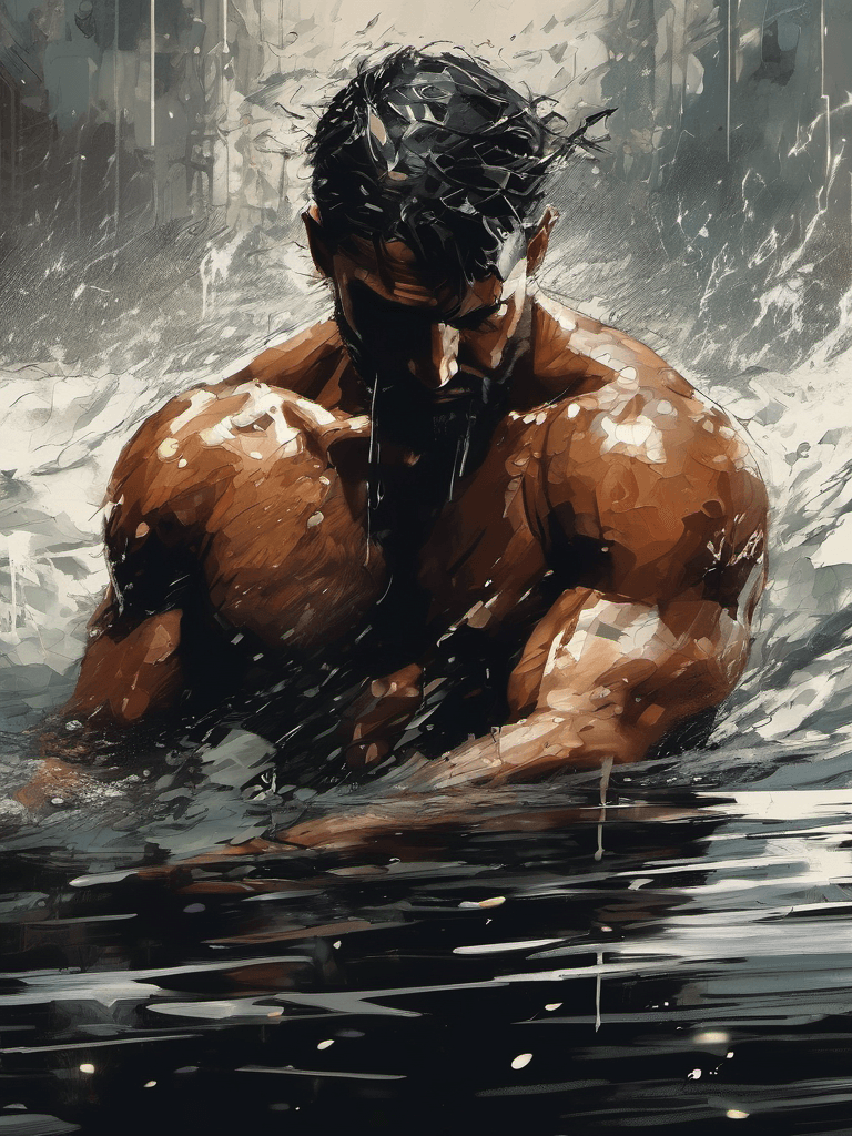 AI generated: portrait of a brutal man swimming in rising water, muted colors, epic composition, digital painting,...