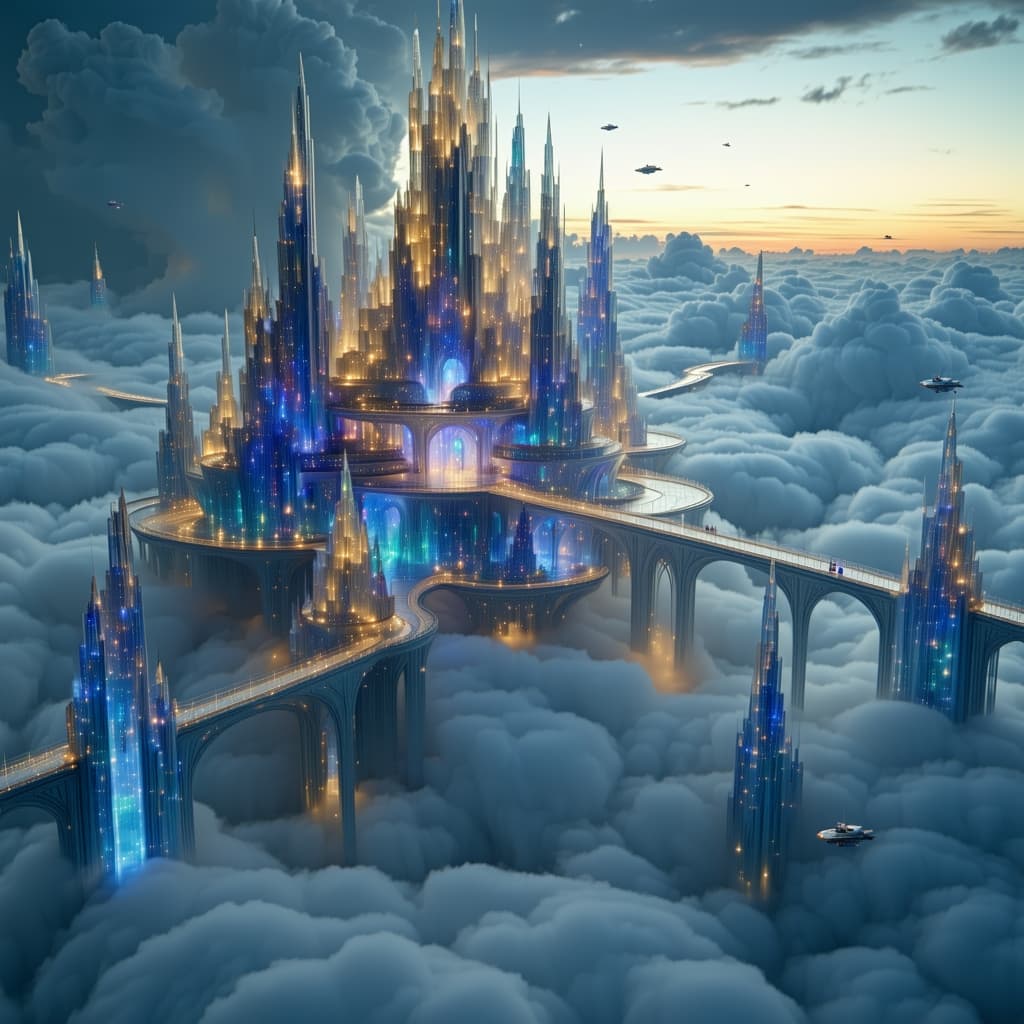 AI generated: A floating city amidst dense clouds, with crystalline towers and glowing neon lights. The architectu...