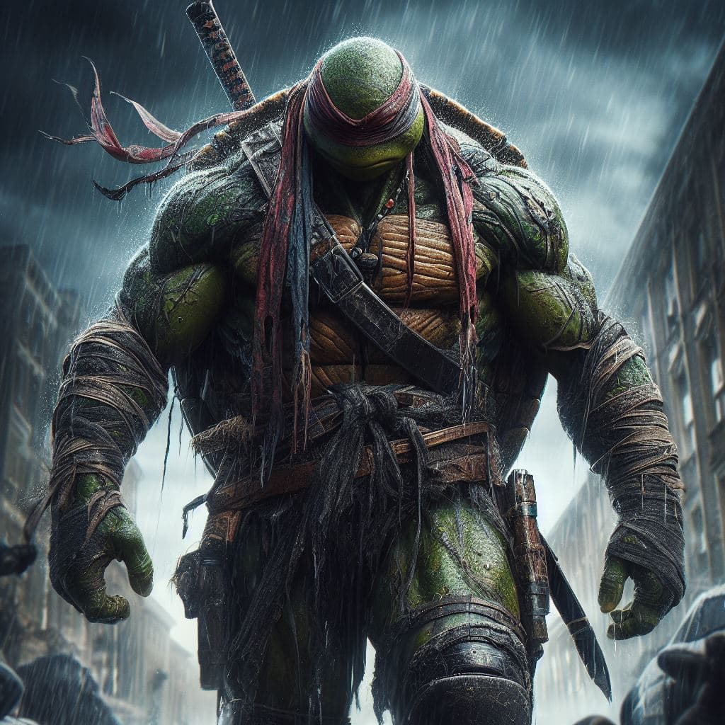 AI generated: a badass ninja turtle heavily armed, hyper jacked, wearing a big long flying bandana, low angle pict...