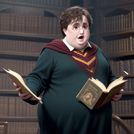AI generated: Make an Funny cover of the book Harry Potter and let Harry be fat 