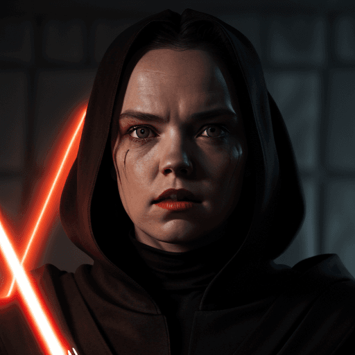 AI generated: Rey Skywalker (daisy ridley face) as sith in  Black Sith Robe, dark red lips, orange eyes from star ...