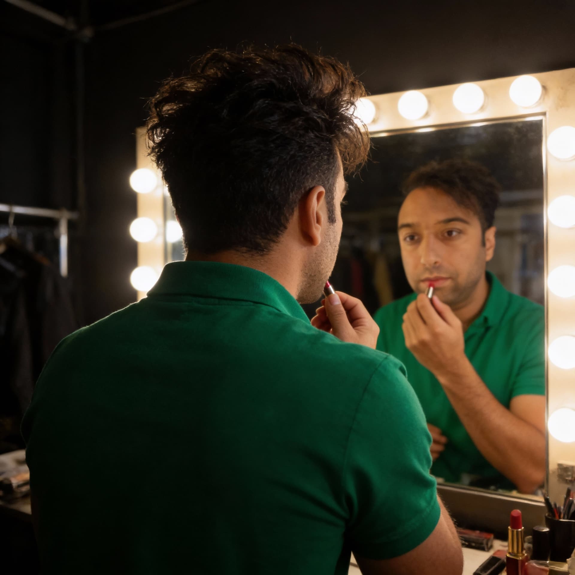 AI generated: Singer backstage looking into illuminated mirror, applying lipstick or adjusting outfit. Captured fr...