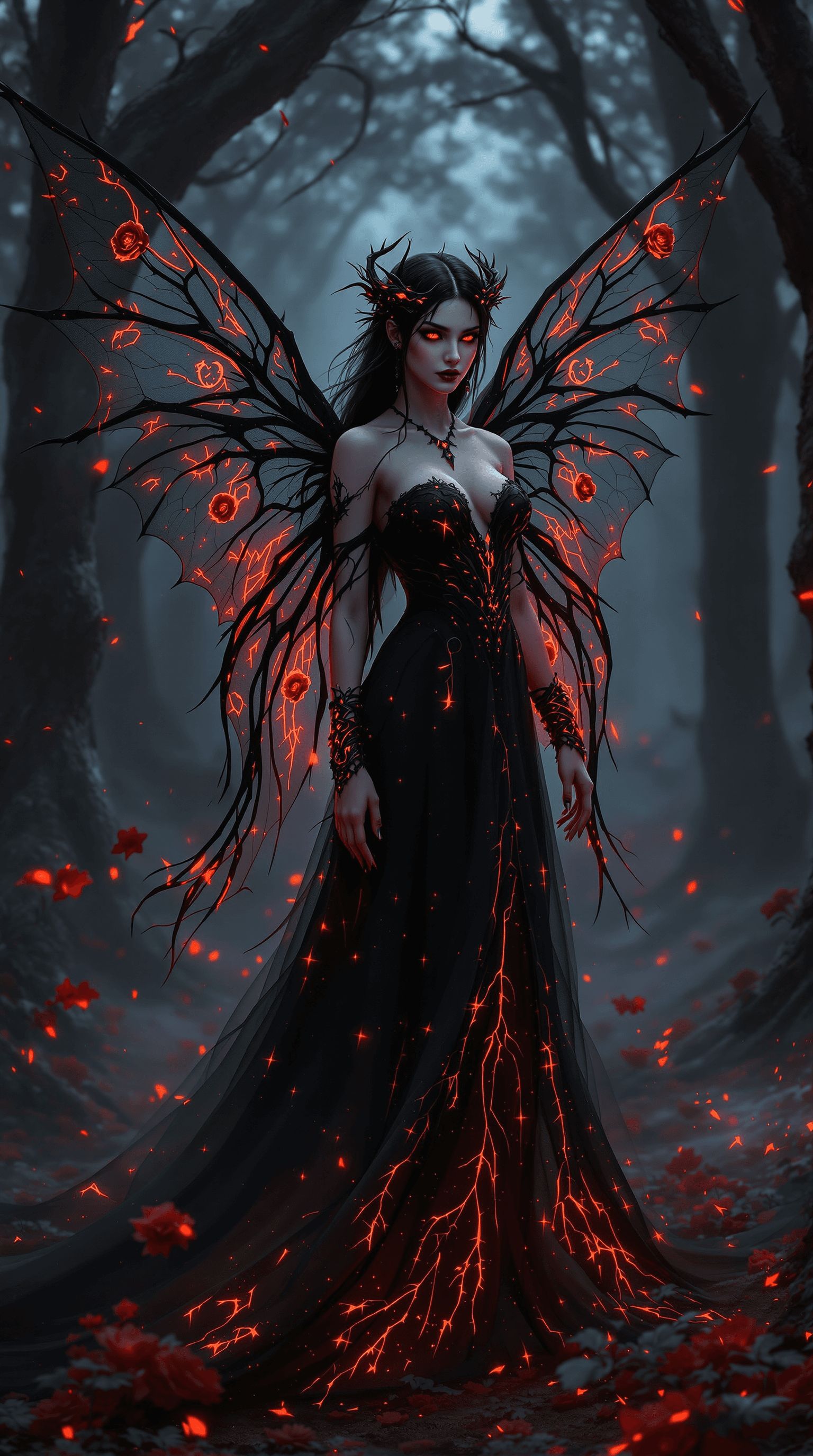 AI generated: A breathtakingly **elegant dark fairy** stands in a **twilight glade**, bathed in the **eerie glow o...