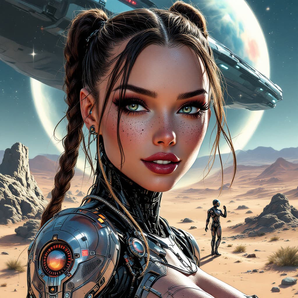 AI generated: A highly detailed comic book cover illustration showing full body view of a futuristic beautiful lad...