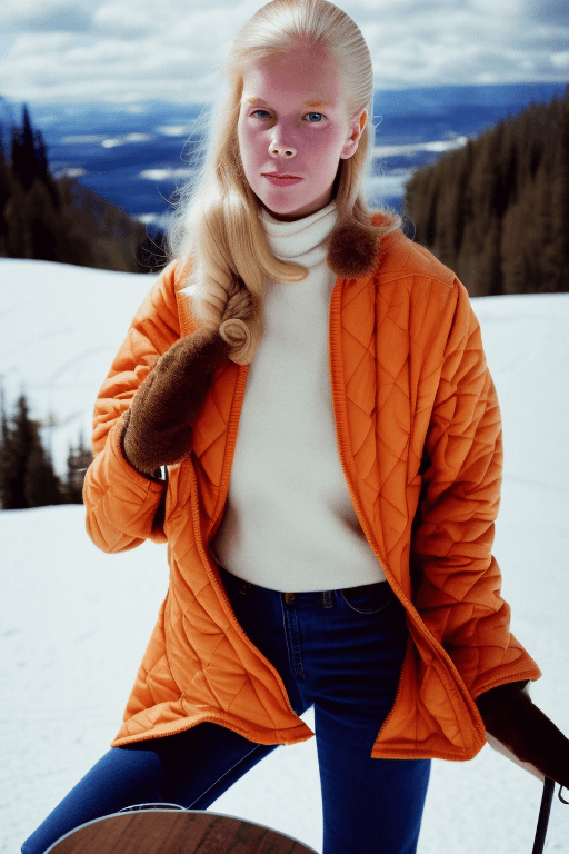AI generated: a beautiful Dutch blonde girl | girl in a 70’s | eye level | mountain top diner | tea on the table s...