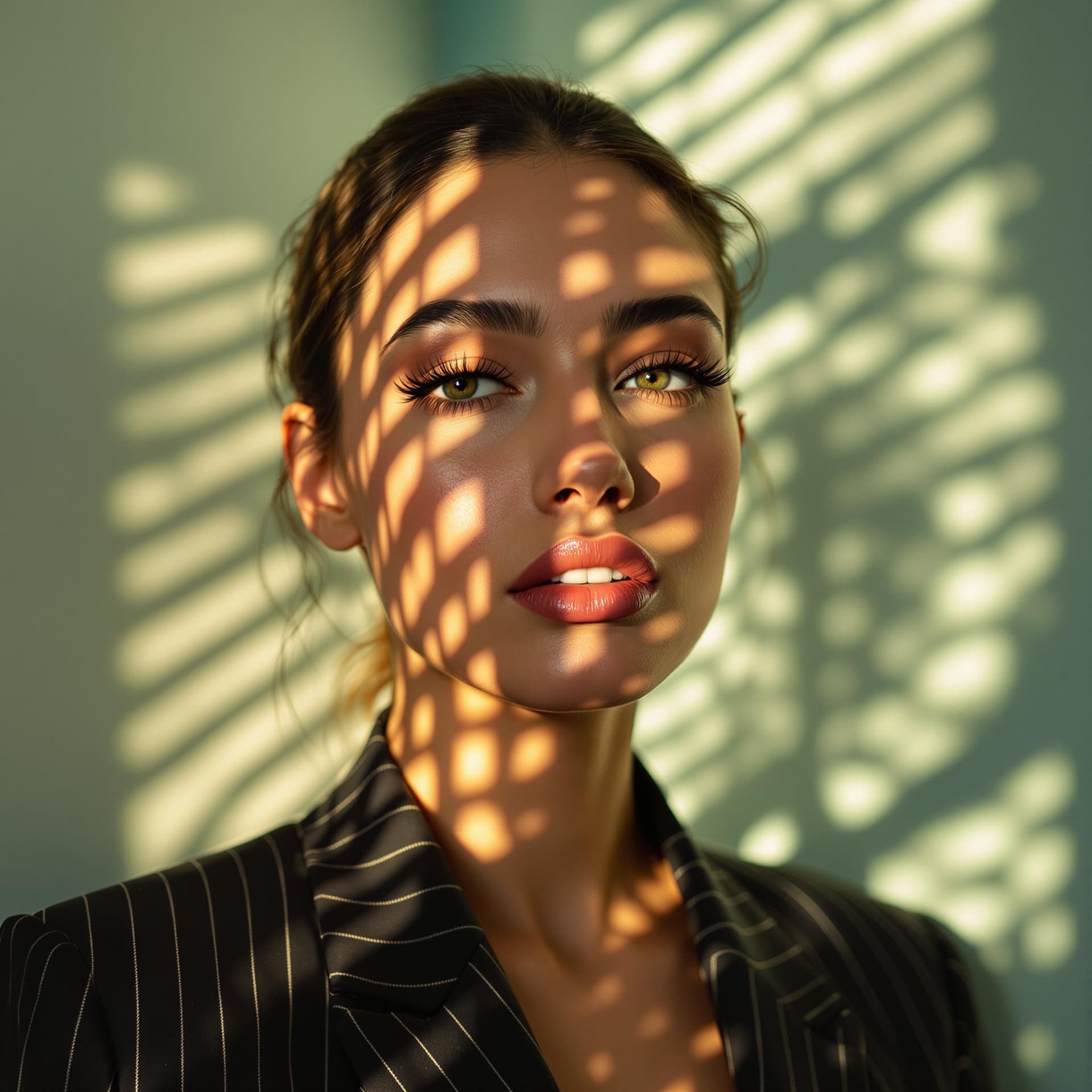 AI generated: Close-up portrait of a woman illuminated by soft, warm afternoon light streaming through window blin...