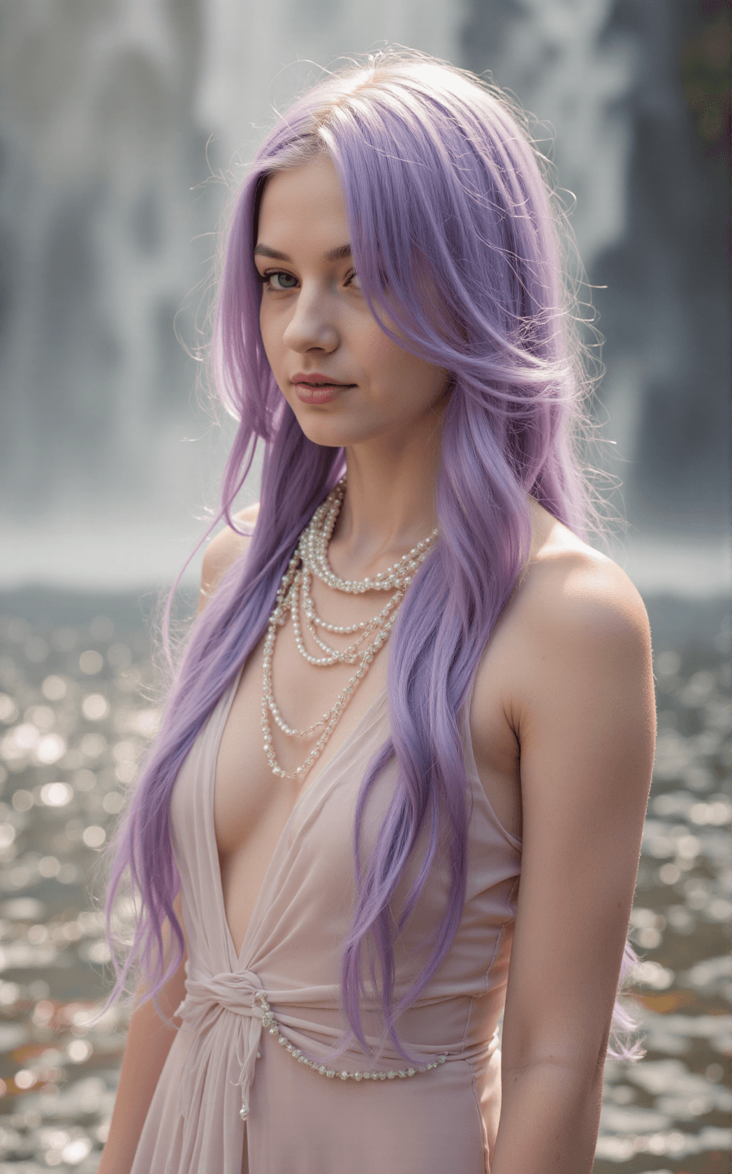 AI generated: A macro close-up captures a luminous busty tween girl with very long flowing lavender hair styled in...