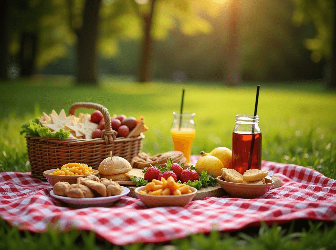 AI generated: a picknick in the park, realistic, lots of food on a red-white checkered blanket