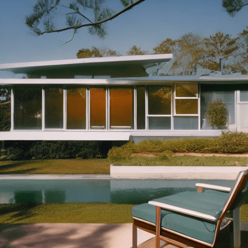 AI generated: Hyper realistic eye level exterior photo of a mid century modern style house overlooking the ocean, ...