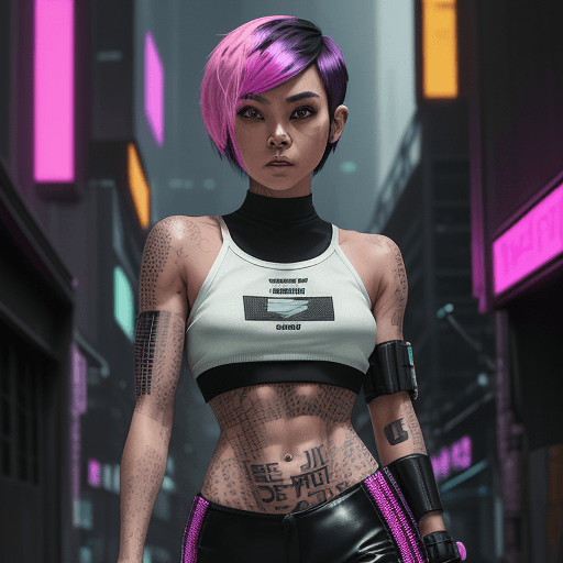 AI generated: Cyberpunk binary code tattooed freckled net runner Filipina girl,sporty, fit body, eleven line abs, ...