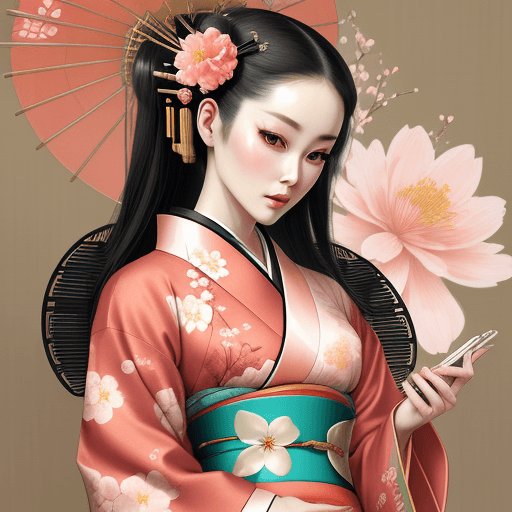 AI generated: Android, geisha, withroboticparts, in flowery kimono, Intricate details, illustrated by IRENE SHERI