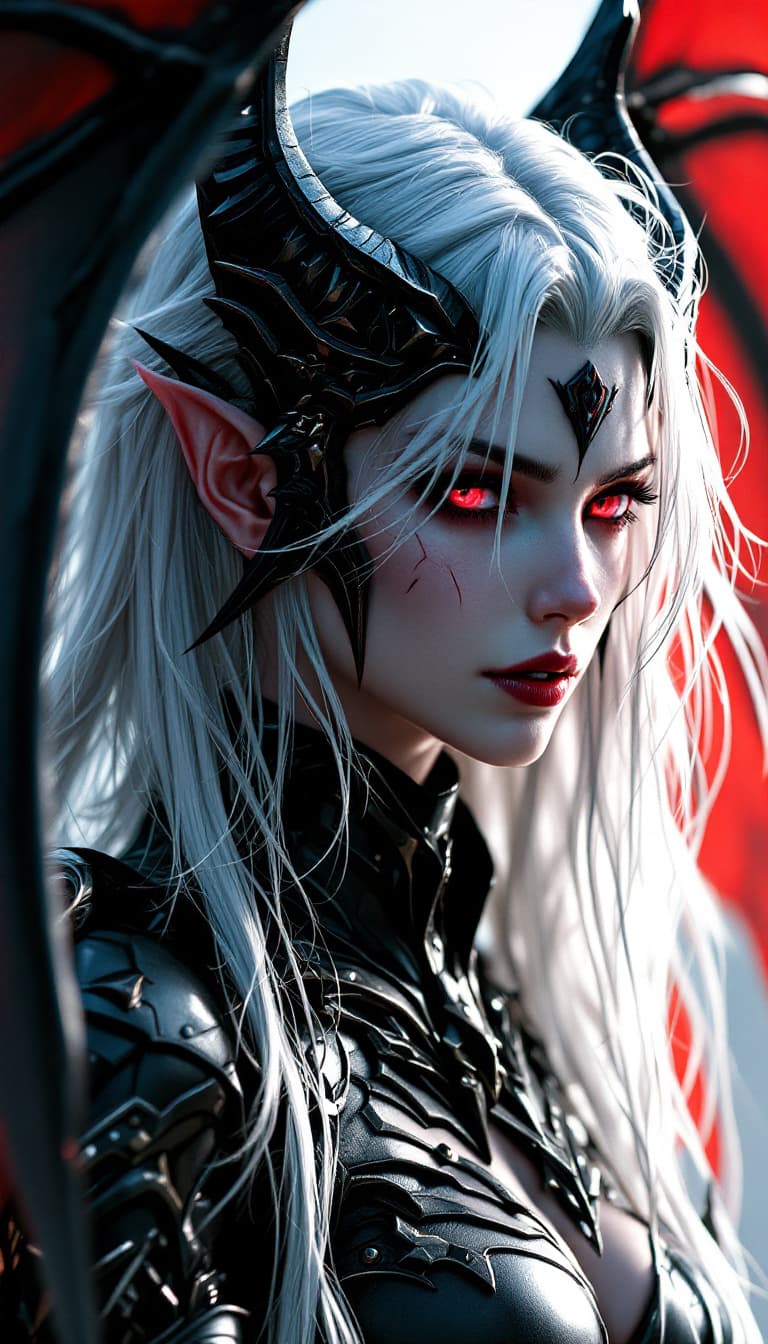 AI generated: Highly detailed and realistic depiction of a demon-like character, featuring long flowing silver hai...