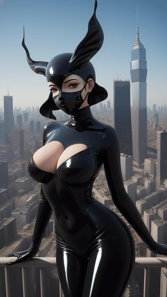 AI generated: adorned in only a latex mask
poses gracefully atop a towering skyscraper
her flawless
symmetrical fi...