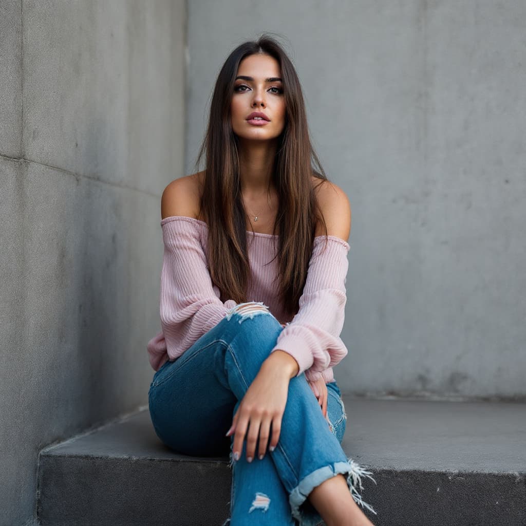 AI generated: A woman is seated on a wide step with her legs crossed. Her straight long brunette hair frames her b...
