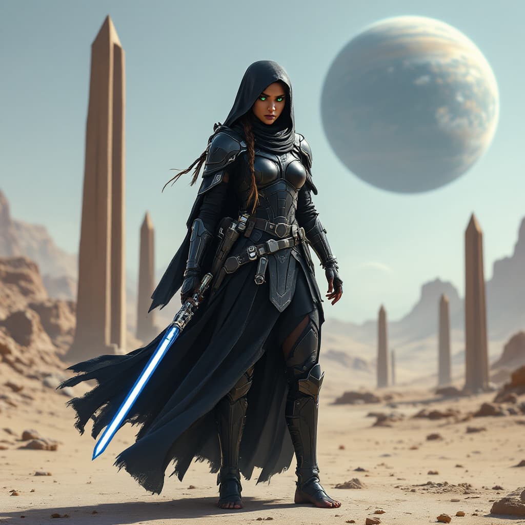 AI generated: Full body view of Image of a human female galactic combat operator, fierce espression, her combat ar...