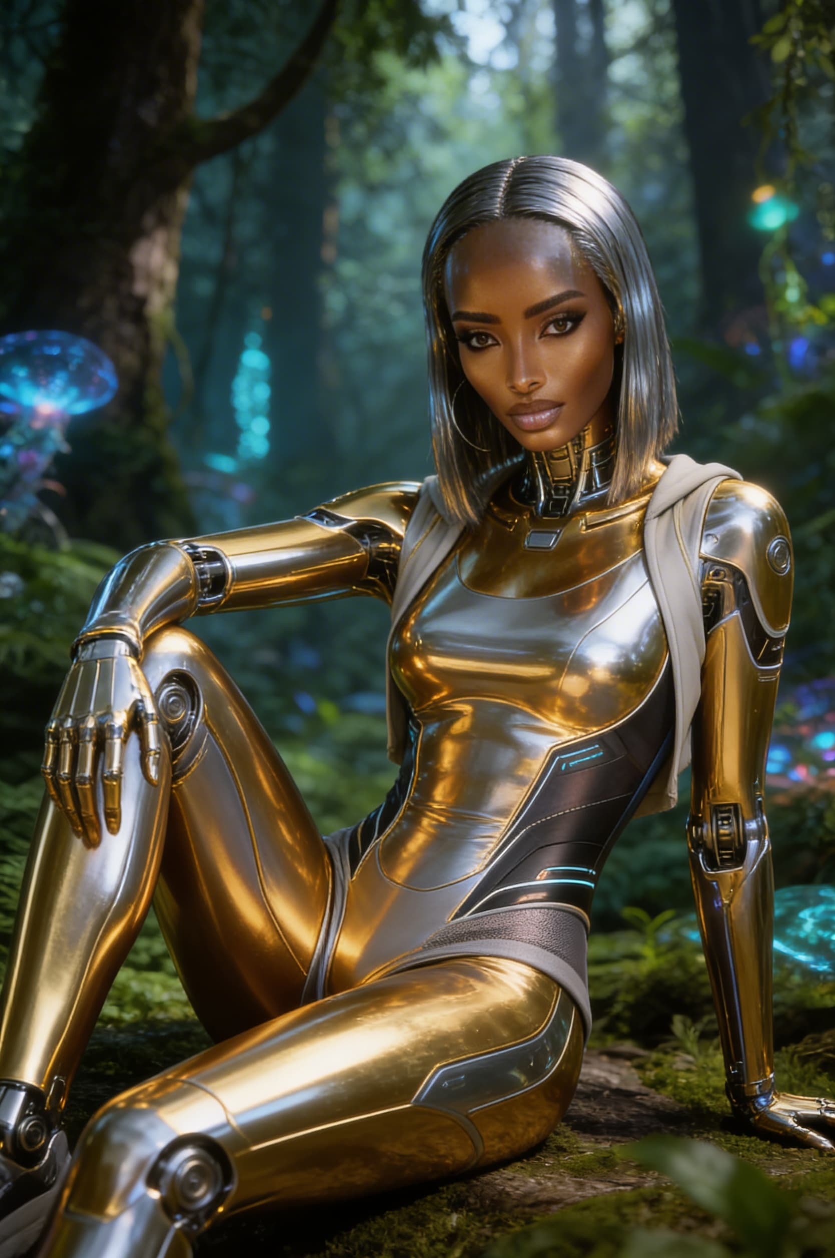AI generated: Be inspired and create from reference. a golden-silver being, powerful, loving. From flesh to sleek ...