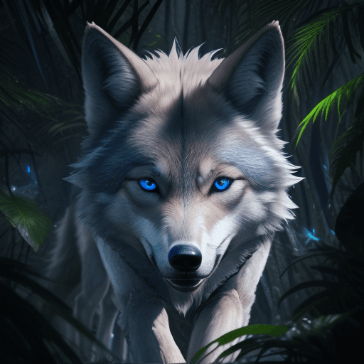 AI generated: a photo of a wolf with blue eyes looking at herself, in the jungle with fire realistic hyper-detaile...