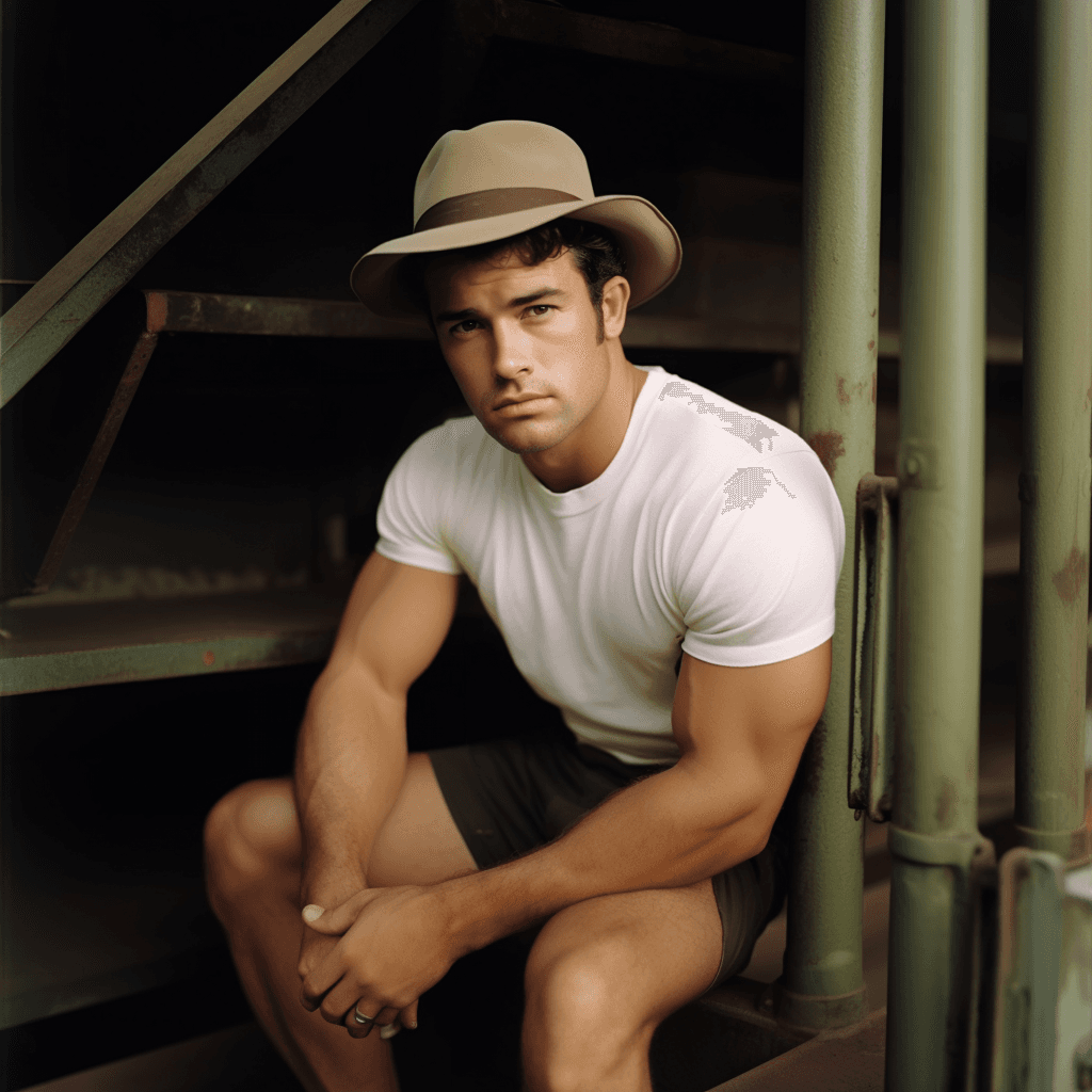 AI generated: Hollywood, black wavy hair, muscular, standing, wearing a stetson, perfect eyes, perfect face, color...