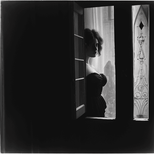 AI generated: a black and white photo of a woman in a window, by Kati Horna, renaissance, berghain, 1958, loving s...