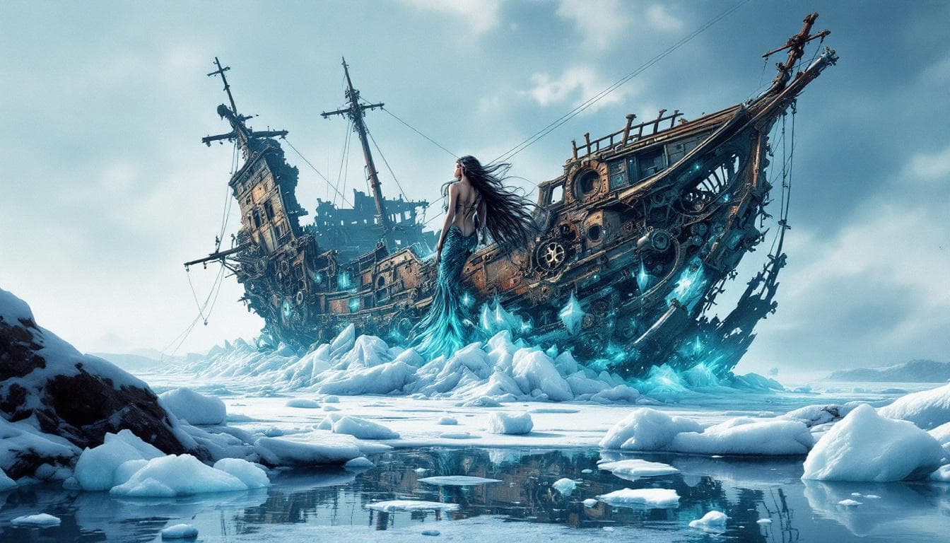 AI generated: A composite blend of adventure fantasy Illustration of a shipwrecked ancient decrepit broken in half...