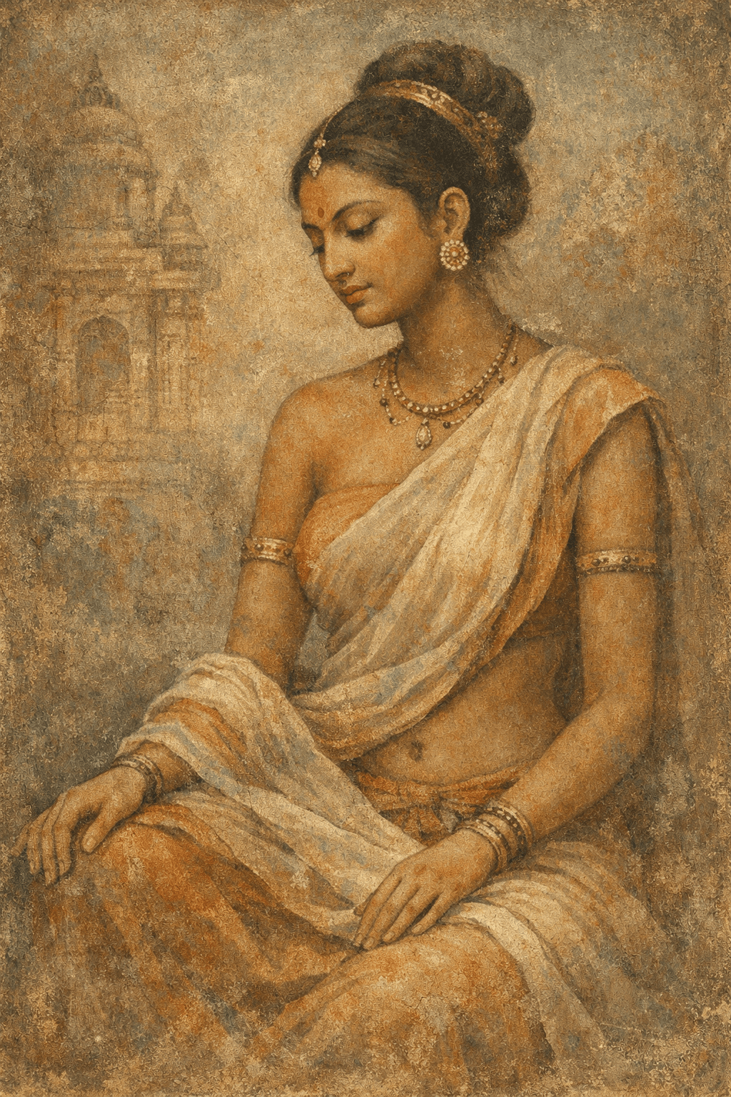 AI generated: A classical Indian fine-art portrait of an Indian woman, inspired by ancient temple sculptures and A...