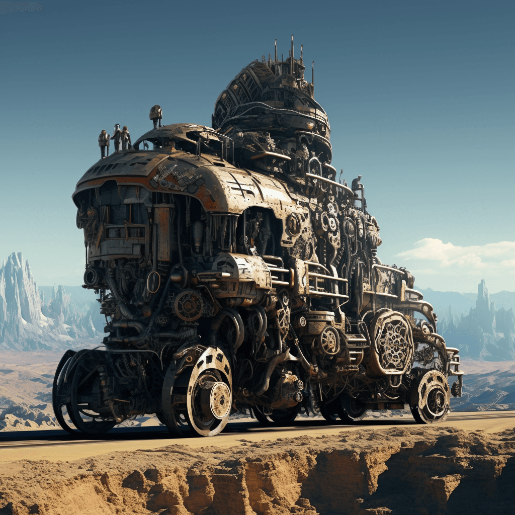 AI generated: mobile city on wheels moving across a desolate plain, mountains in the background, photo, digital ar...