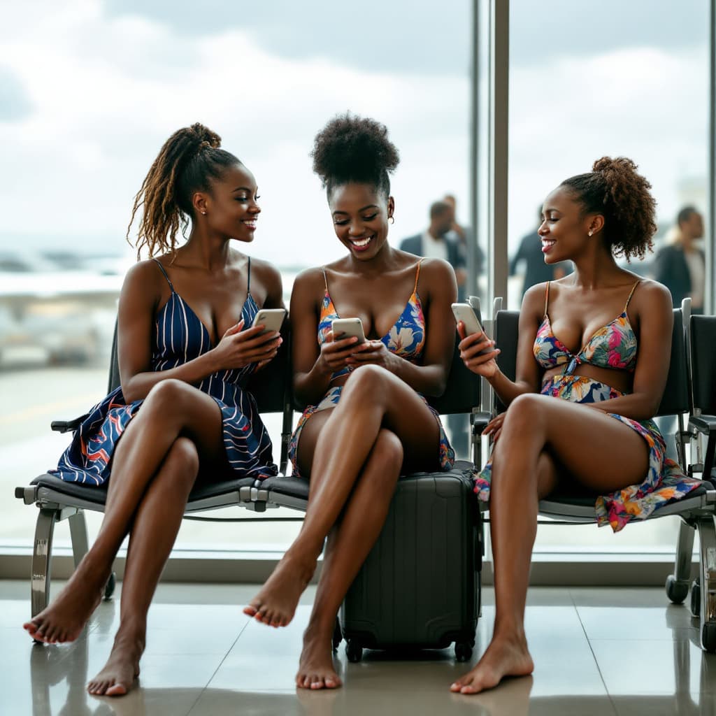 AI generated:  Three Ivorian adult female friends, in summer dress, going commando, legs open apart, at the air po...