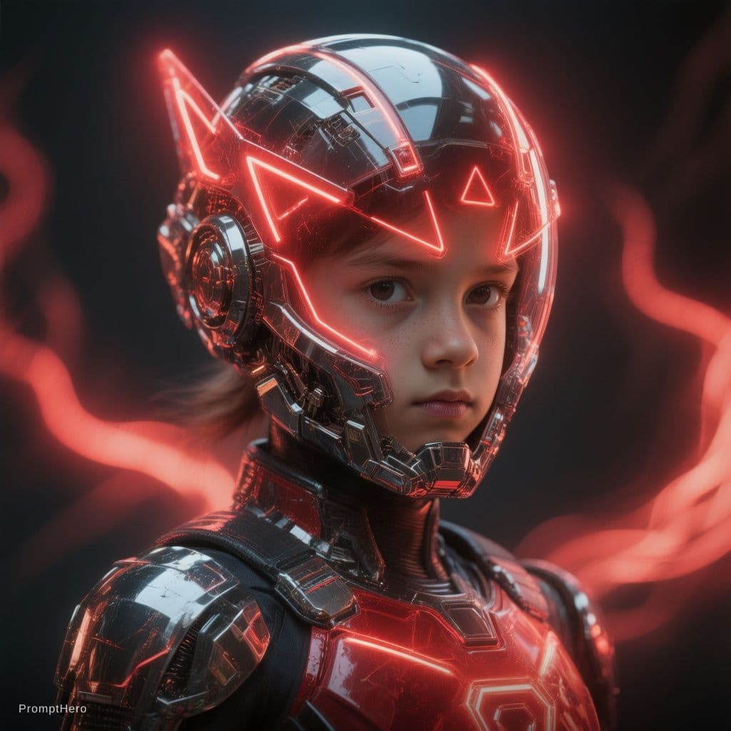 AI generated:  futuristic cyborg boy featuring a captivating reflective cybernetic helmet adorned with glowing tri...
