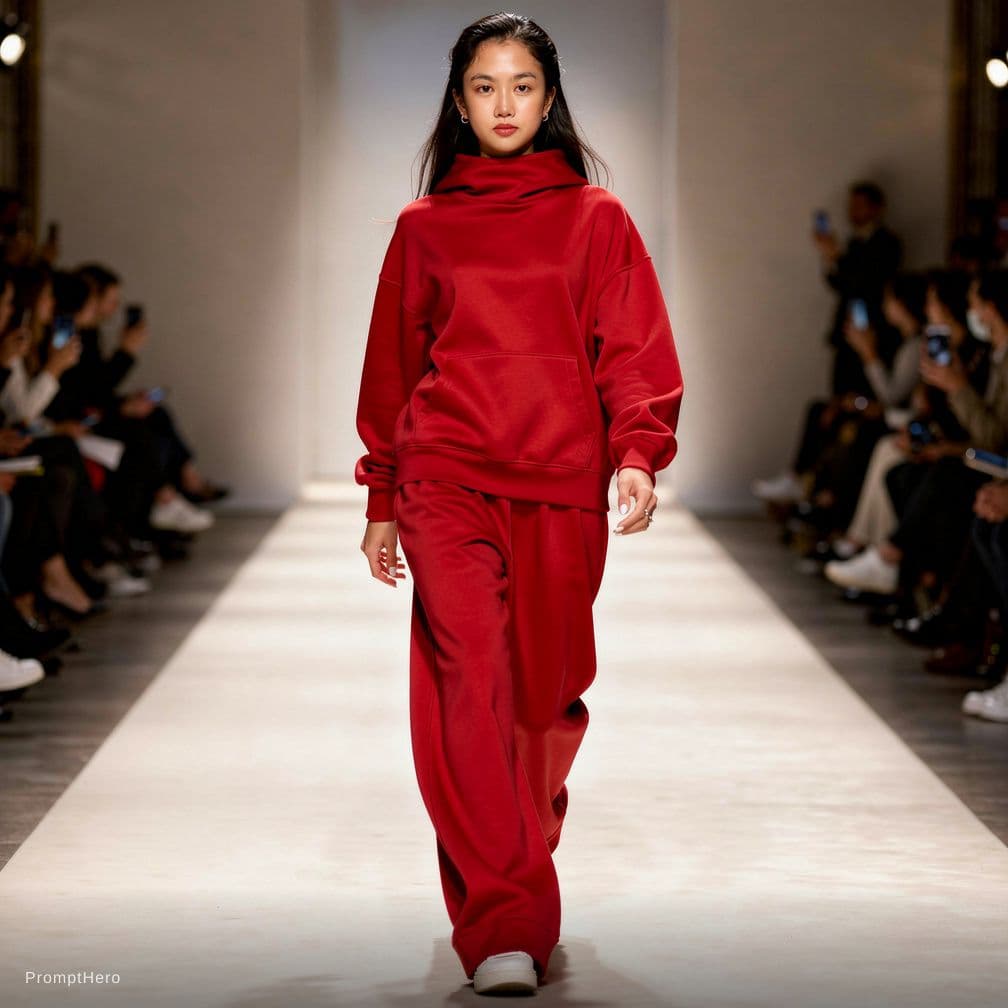 AI generated: A beautiful female model wearing an oversized red hoodie and sweatpants on the runway of Paris fashi...