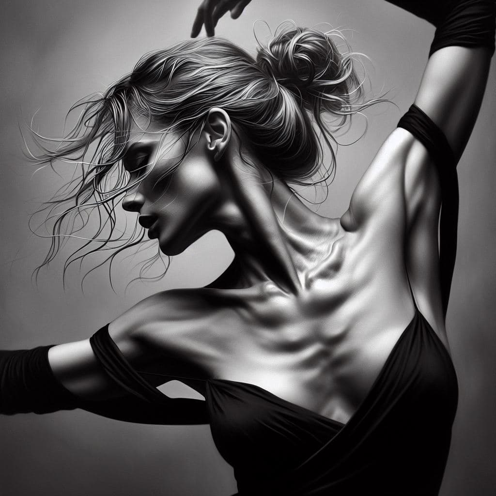 AI generated: b/w Art photography by Gavin Hamilton and Annie Leibovitz, A dancing woman, expressive dance moves, ...