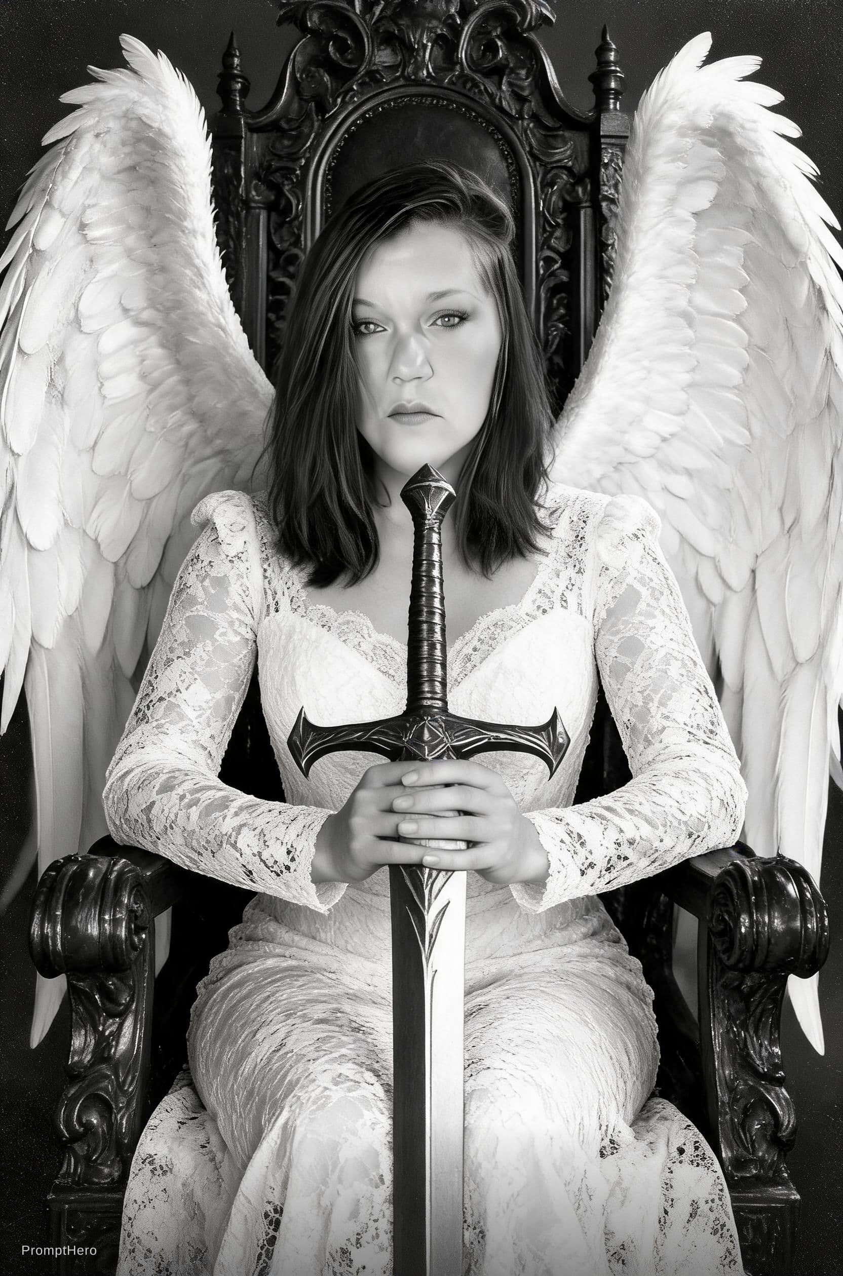 AI generated: A beautiful angelic woman with a colossal sword, white wings, and a lace outfit sitting on a throne,...