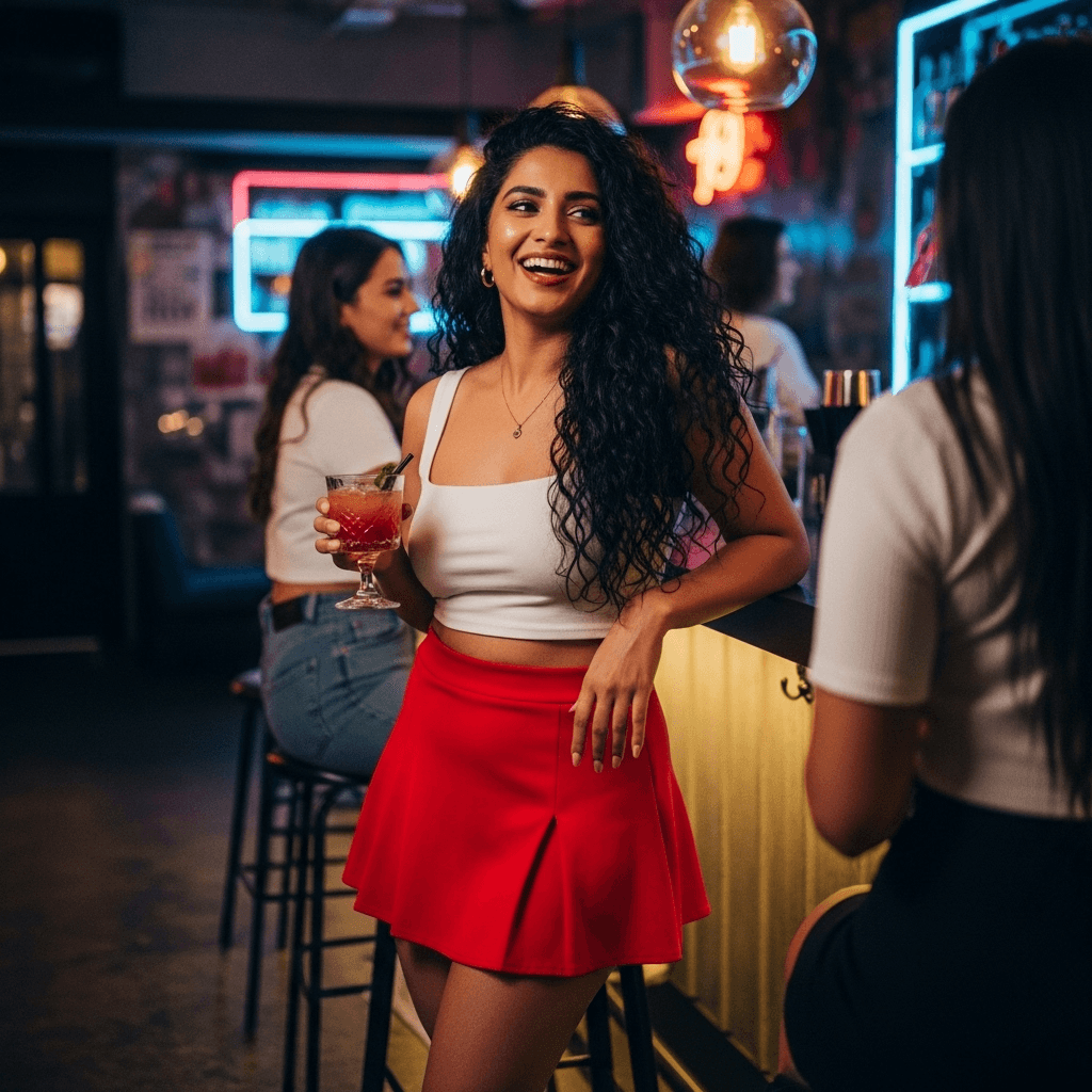 AI generated: curvy indian wearing mini skirt, bar
