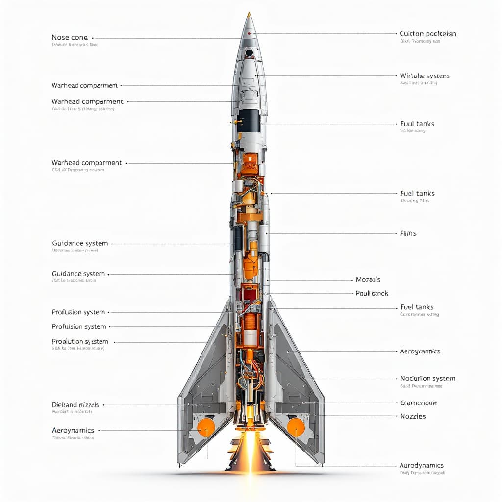AI generated: Create a highly detailed illustration of a rocket missile's architecture, showcasing its internal an...