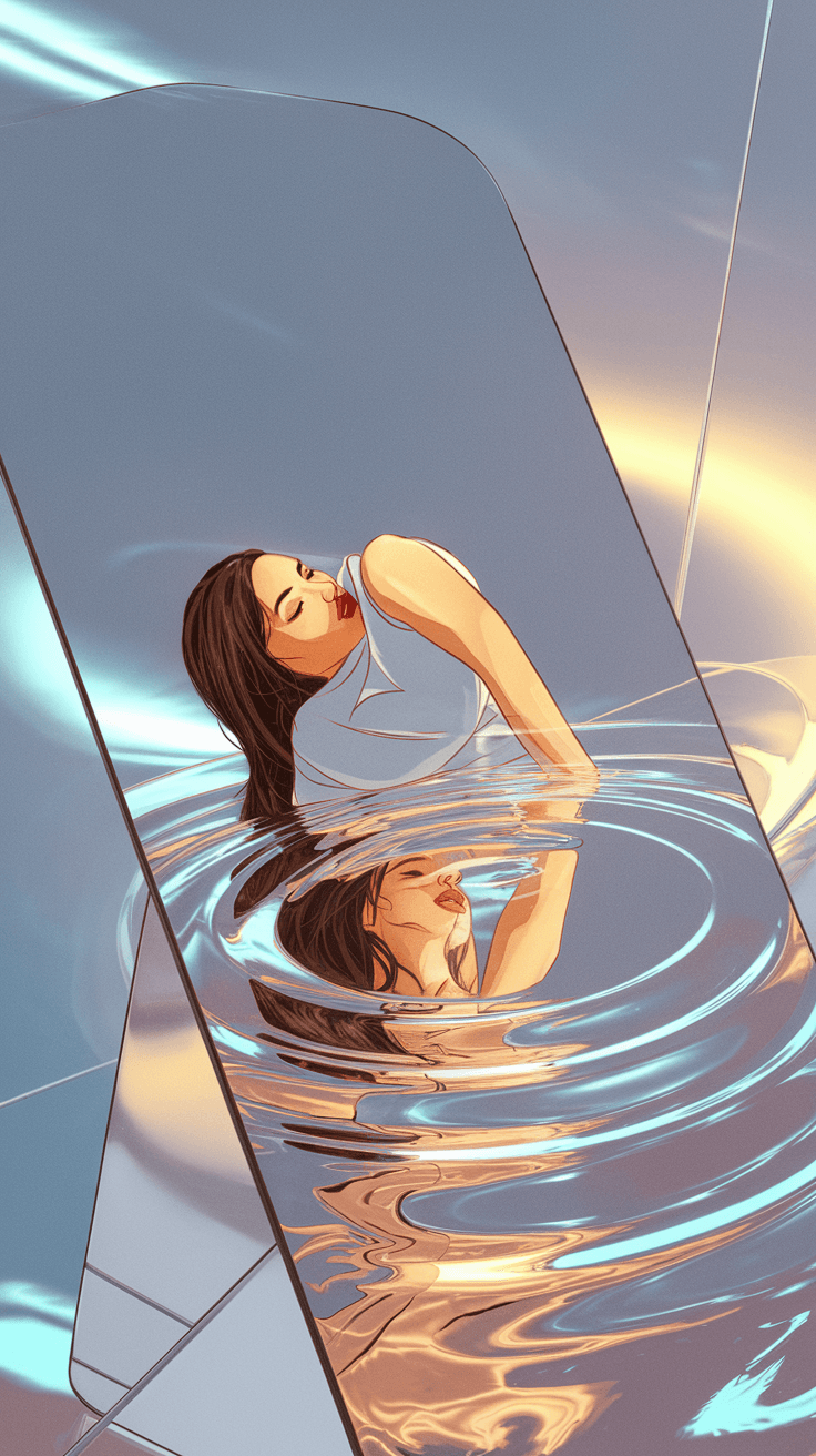 AI generated: A bold and vibrant modern illustration of a beautiful woman leaning towards her reflection in a slee...
