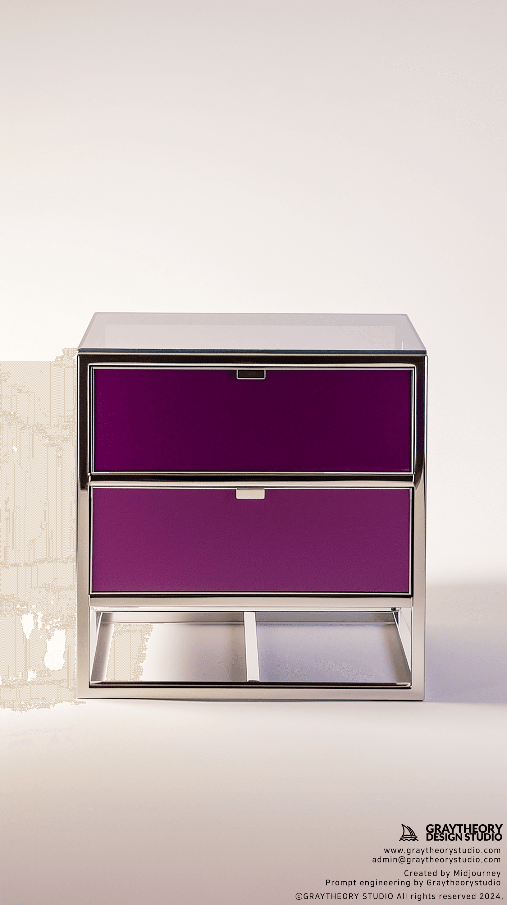 AI generated: Photograph, candid shot, USM Haller Nightstand, steel and purple color, Hasselblad H6D-100c, 100mm f...