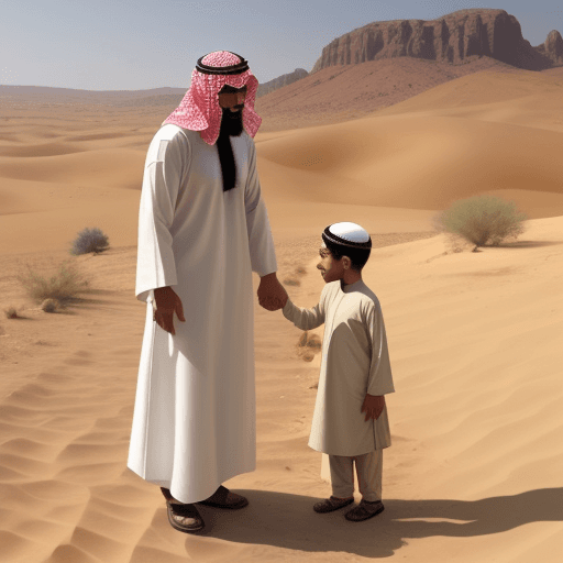 AI generated: a muslim holding hands with a little kid on weeding in the desert