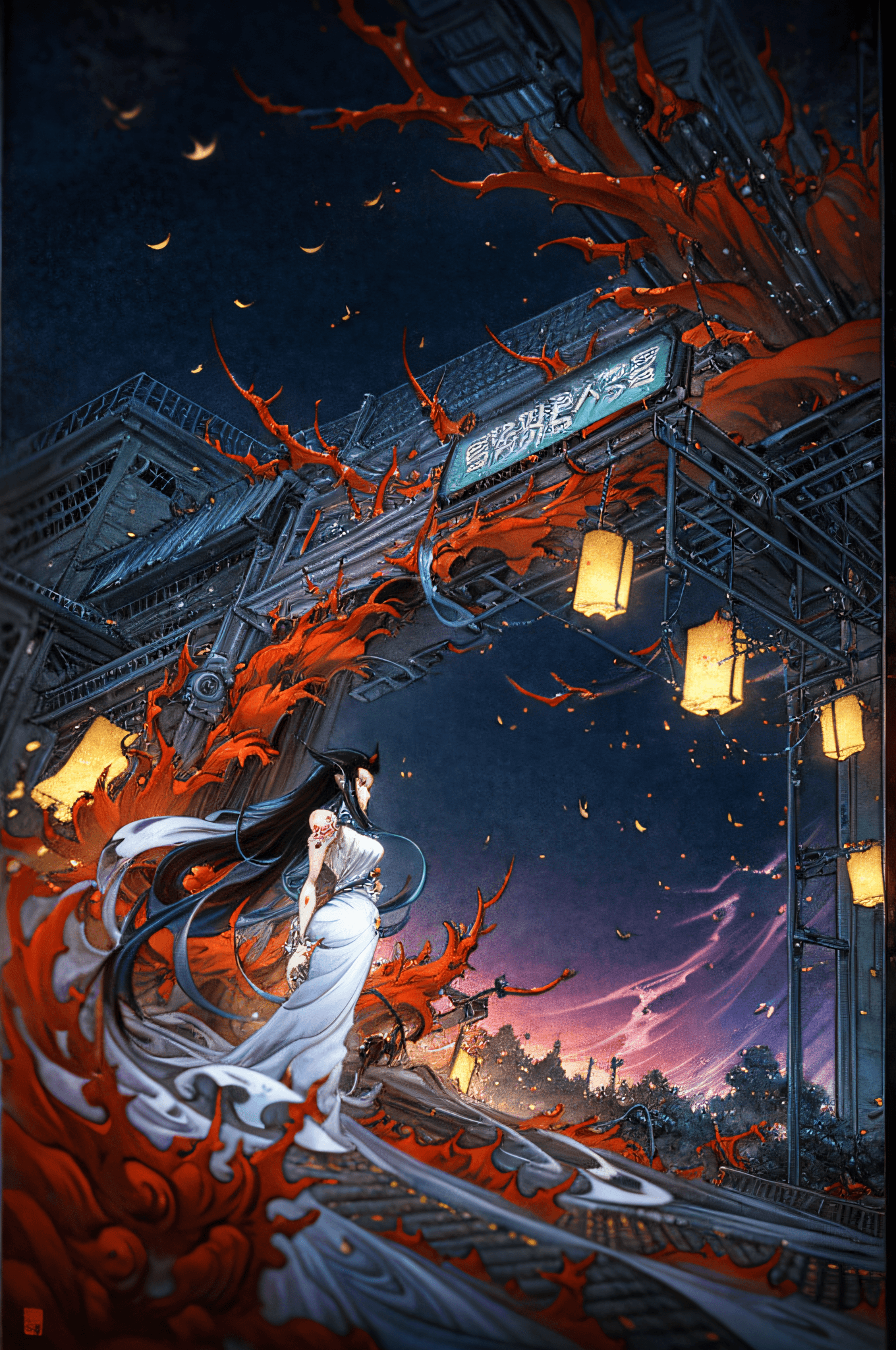 AI generated: Vintage 90's anime style environmental wide shot of a chaotic arcade at night; a woman wearing stree...
