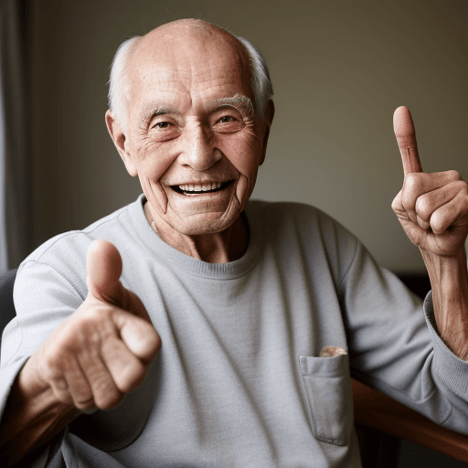 AI generated: An elderly man with a smile on his face holds it up and points his finger up