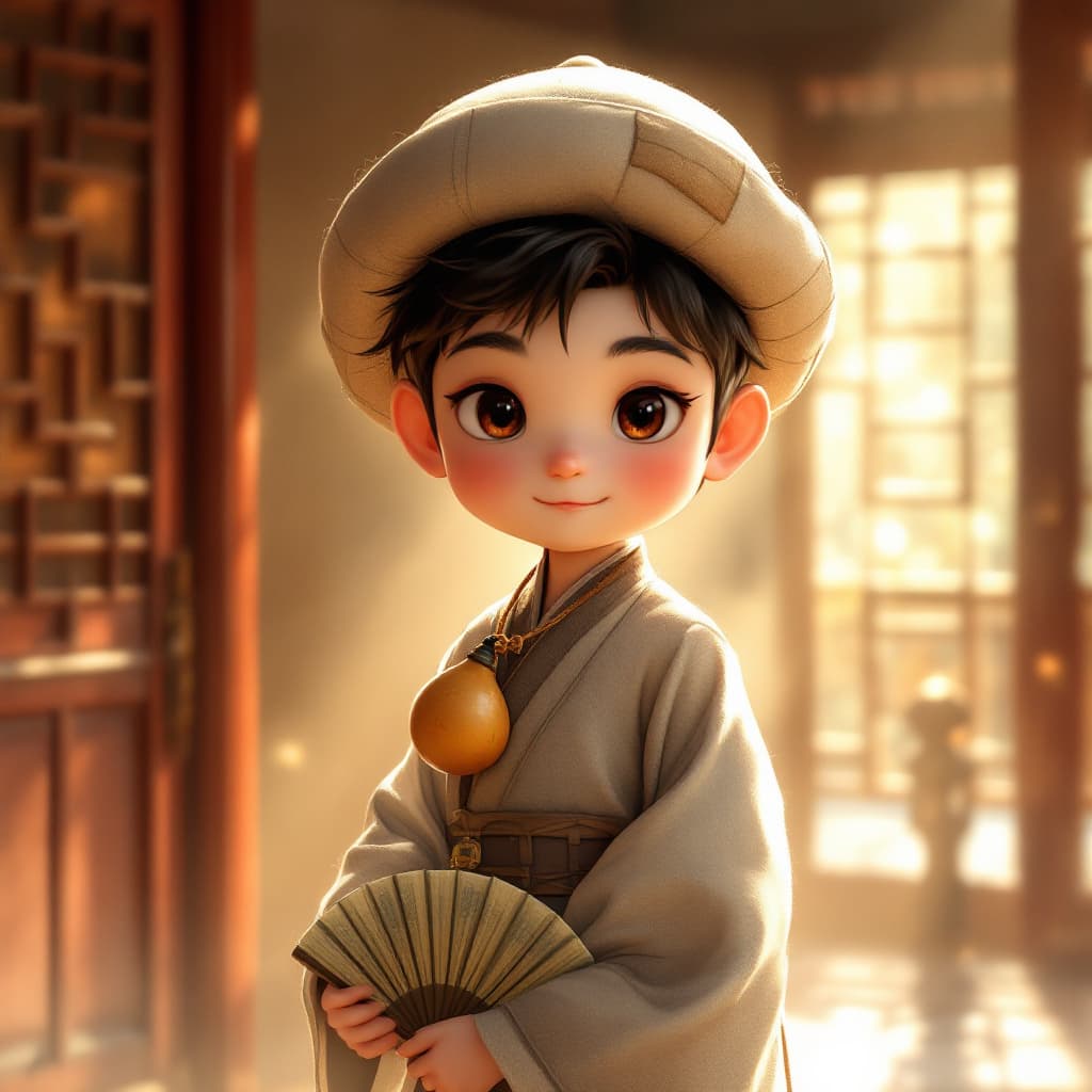 AI generated: A cute ancient Chinese boy with a round and rosy face, wearing a patched cloth cap and a gray tradit...